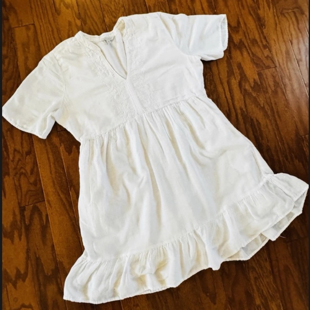 Lucky Brand White Boho Embroidered Babydoll Dress Ruffle Hem Women’s M